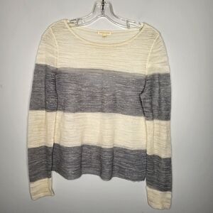 Eileen Fisher Sheer Slub Gray & Cream Stripe Pullover Knit Sweater Petite Small